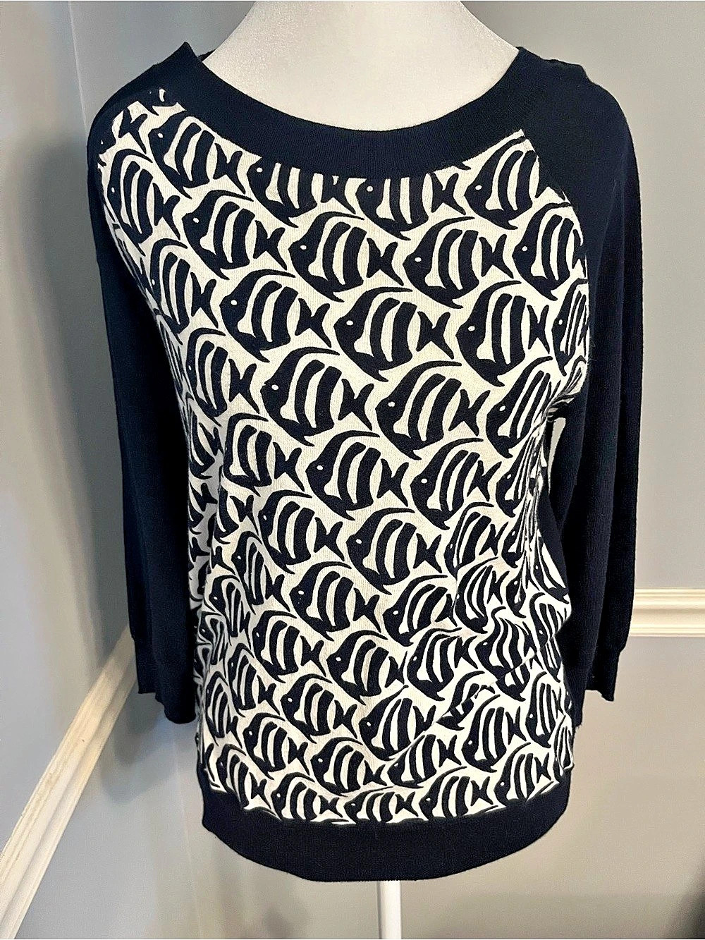 School of Fish J crew sweater navy and white